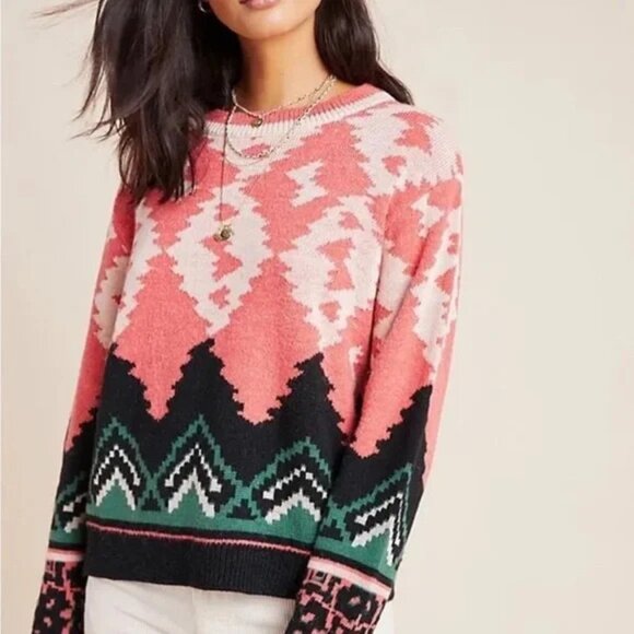 🖤Anthropologie Aldomartins Nieves Geometric Aztec cozy Sweater Wool Alpaca 6 - Picture 3 of 8